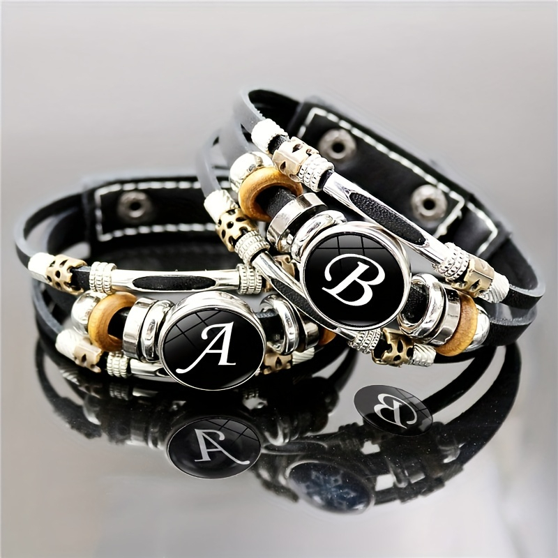 26 Engelse Letters Armbanden, Pu Lederen Armbanden, Retro Punk Stijl Handgemaakte Multi-Layer Kralen Hand Sieraden Paar