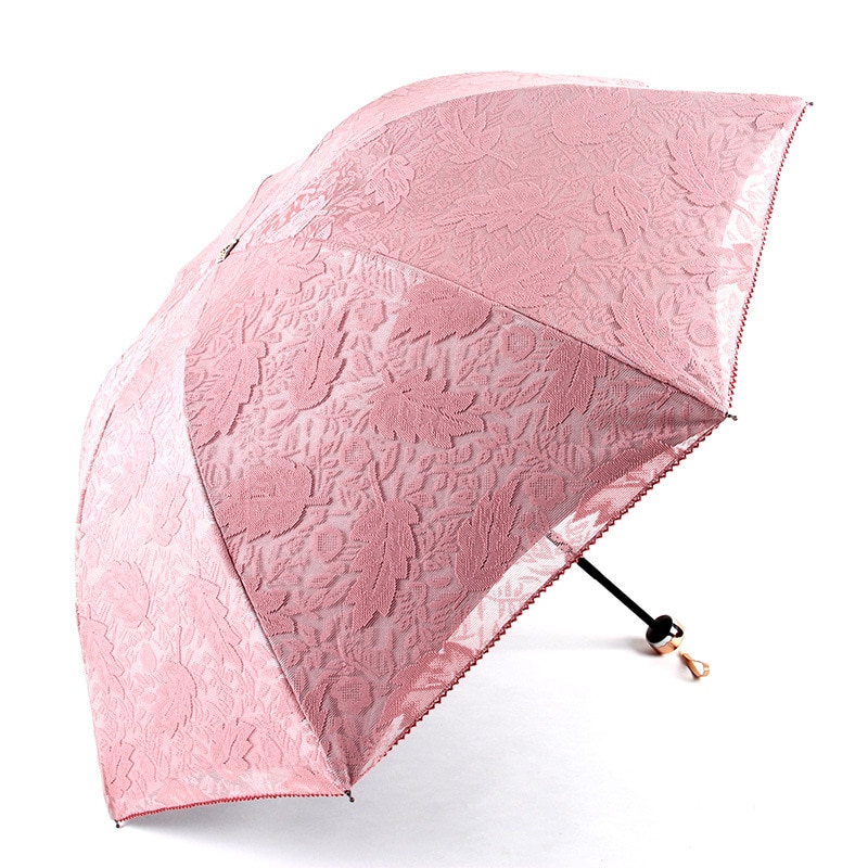 Roze Dame Opvouwbare Paraplu Retro Dames Kant Paraplu Regen Screen Borduren Bloemen Dubbele Laag Zon Paraplu Voor Vrouwen