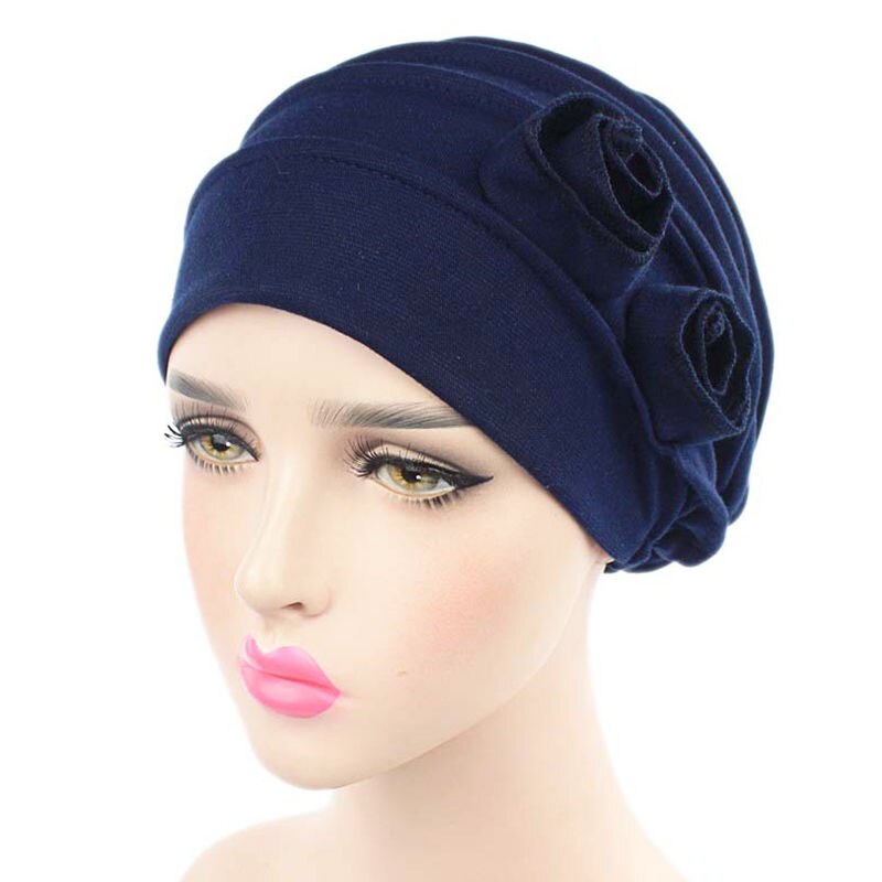 Naiveroo kvinnor blomma muslimsk hatt mössa hatt cancer elastisk kemo bomull huvud wrap enfärgad hatt huvudbonader turban keps: Marin