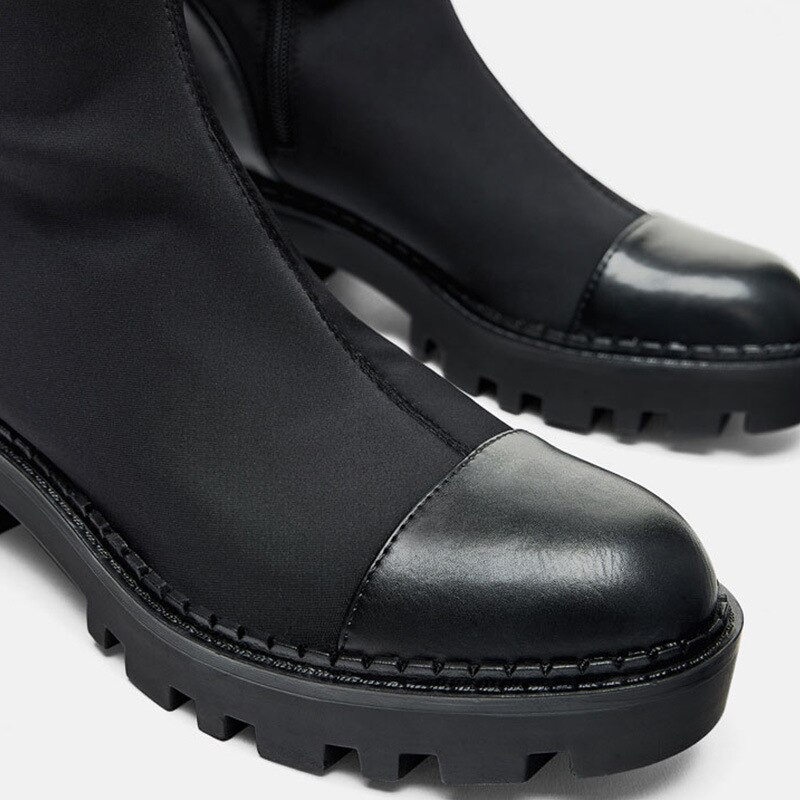 Botas de suela negra, suela plana, botas por encima de la rodilla elásticas, espesor de cabeza, parte inferior, lateral alto
