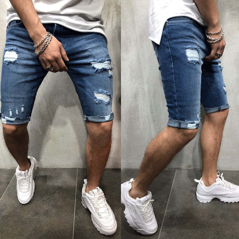 Mænd casual shorts jeans korte bukser ødelagt skinny jeans flækkede bukser flosset denim