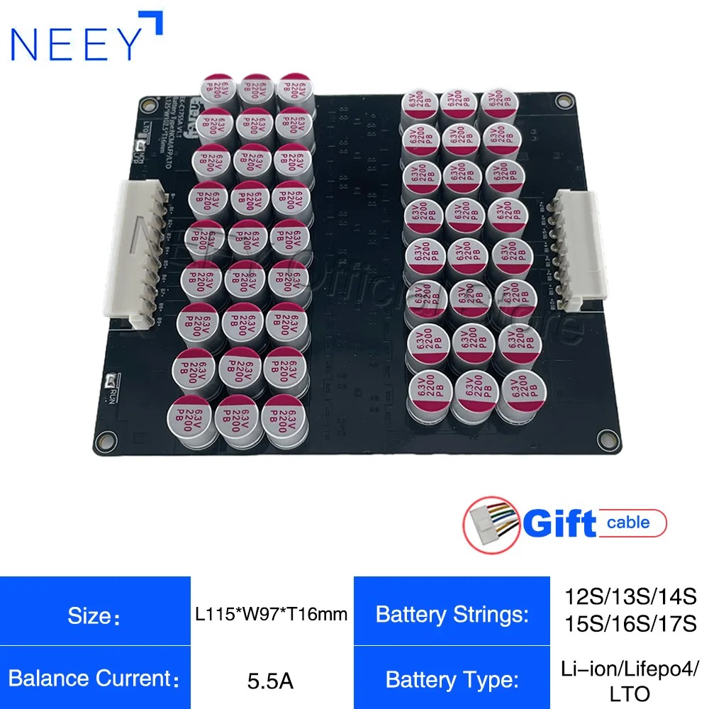 NEEY Equilibrador de ecualizador activo 5A 12S 13S 14S 15S 16S Lifepo4/Lipo/LTO Condensador de energía de batería Litio Lipo Lifepo4 Ecualizador: Negro