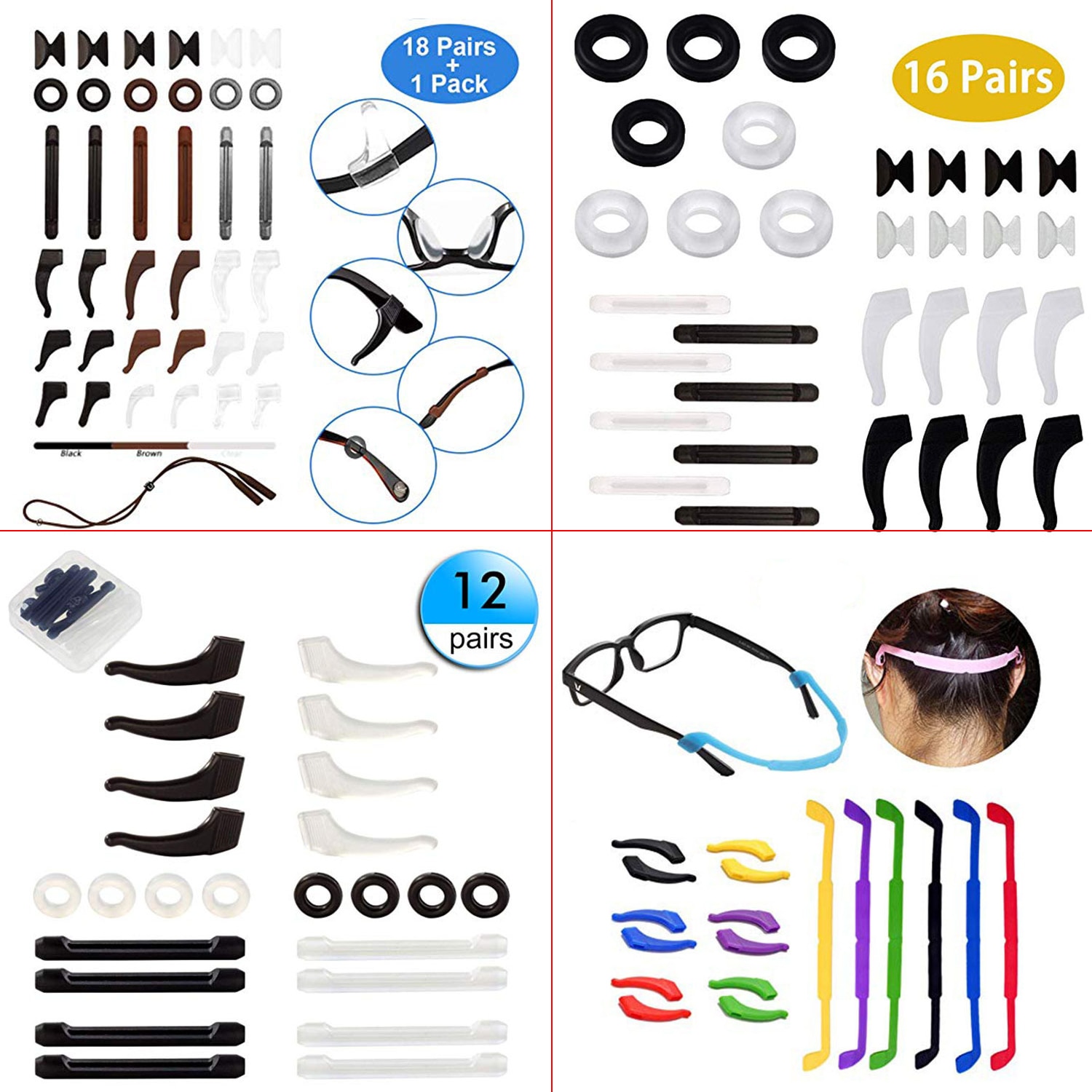 Ensemble d'accessoires de lunettes P011 | Protection antidérapante, cordes de lunettes de réglage, crochet d'oreille rond, Clip d'oreille, ceinture de lunettes