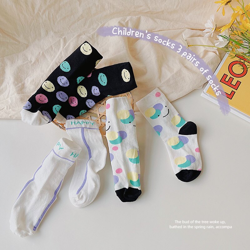 3 Paar Kids Sokken Vier Seizoenen Cartoon Zwarte En Witte Stippen Katoenen Korte Sokken Comfortabele Casual Kinderen Sokken 1-9Y