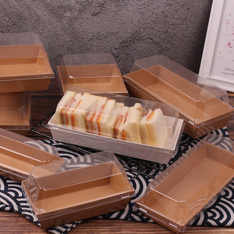 10pcs Rectangular/Square Kraft Paper Box Sandwich Wrapping Boxes With Plastic Clear Lids Cake Bread Snack Bakery Food Packing