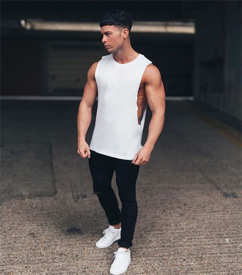 Mens Casual Tank Top Gym Fitness Workout Katoen Mouwloos Shirt Zomer Kleding Mannelijke Verlengen Lange Singlet Hip Hop Vest