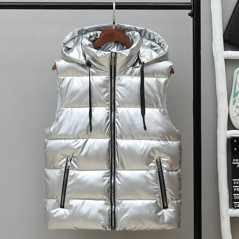 Gilet à capuche en coton brillant pour hommes, gilet , glaçure, tendance coréenne, extérieur, couple, automne, hiver,: XL / BLANC
