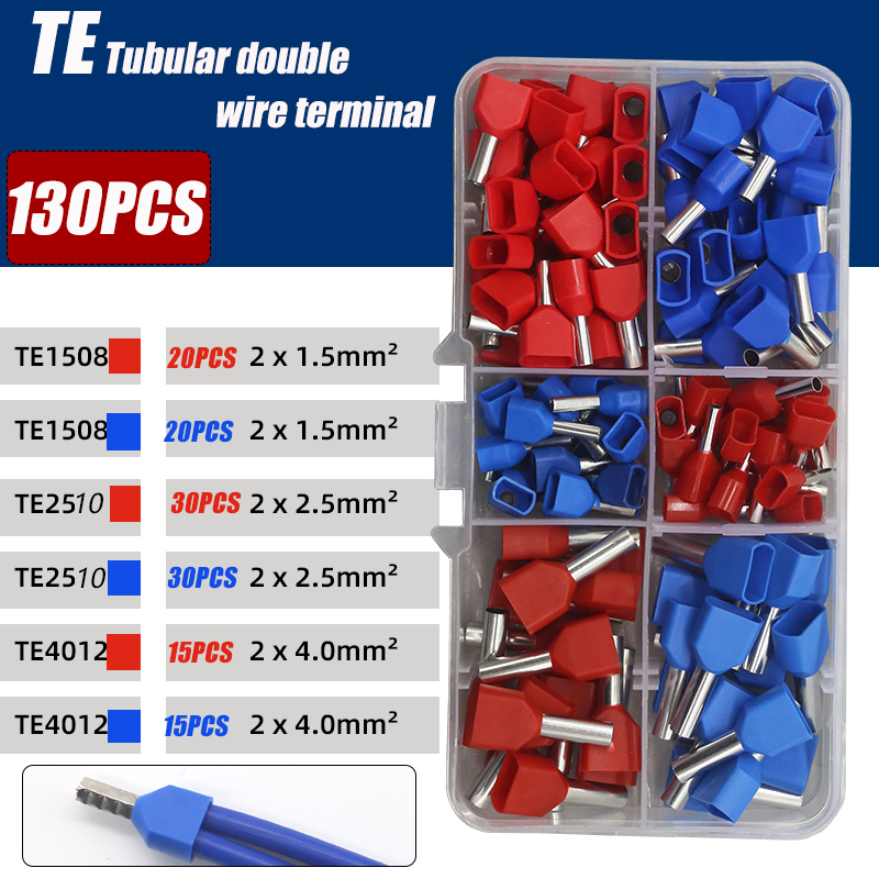 130/380/600 pièces TE type de tube à double fil terminal pré-isolé type de broche européenne terminal pressé à froid type de broche extrémité de tube en cuivre: Beige