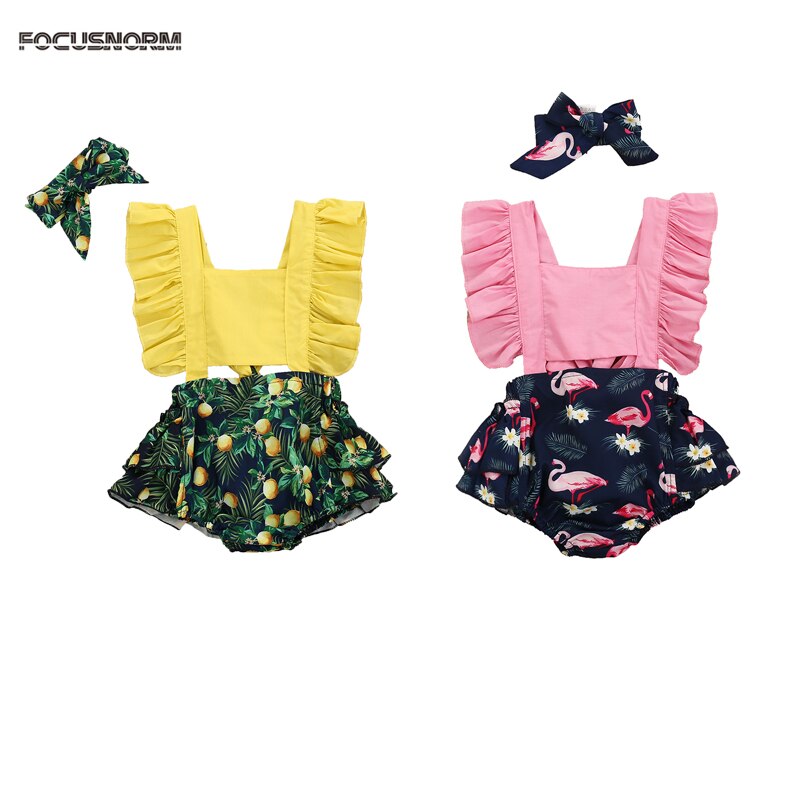 Mise au point 0-24M -né bébé filles garçons barboteuses bandeau volants manches courtes imprimé combinaisons tenues