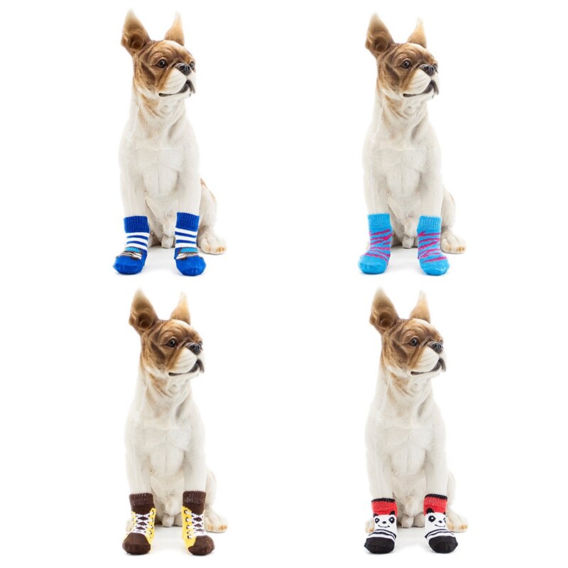 4 unids/set Cute Puppy Dog Shoes calcetines de algodón de punto antideslizantes para perros pequeños y medianos Puppy calcetines para caminar Paw Protector ..