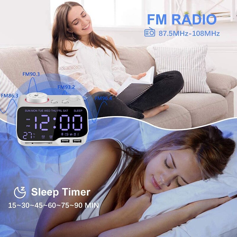 Digital Alarm Clock Radio Bluetooth Speaker,12/24 H,Dimmer,Dual Alarm,Snooze,Thermometer,Sleep Timer White US Plug clock radio