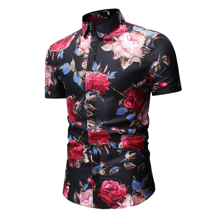Blomster herre skjorter kortermet bluse uformelt strandskjorte sommer skrive ut skjorter menn hawaiiansk skjorte herre sommerskjorte svart: Svart / Xxxl