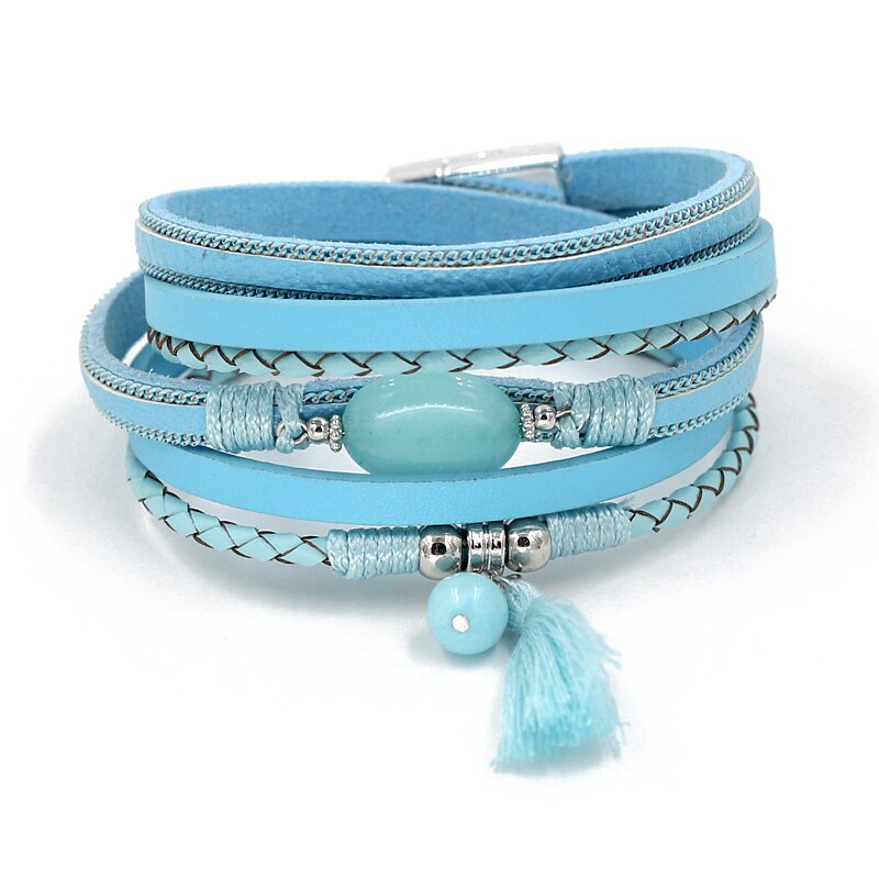 Vonnor Lederen Armbanden Voor Vrouwen Boho Sieraden Charm Natuursteen Kwastje Wrap Armband Vrouwelijke: B9005d Blue