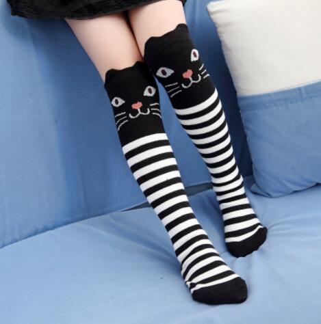 Boog Katoen Zijde Kousen Kinderen Prinses Katoen Knie Hoge Meisje Mode Beenwarmers Diamant Rooster Meisjes Voor Rechte Mesh: Striped cat