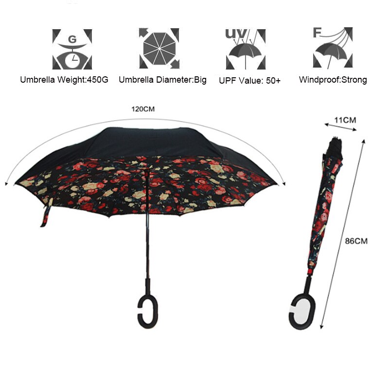 Fancytime paraguas de lluvia inverso para mujer plegable de doble capa para hombres soporte autónomo paraguas de mujer paraguas invertido a prueba de viento