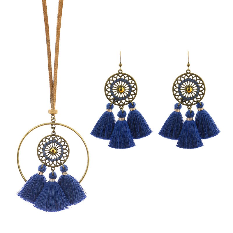 3 -delad tofs örhängen halsband set bohemisk etnisk stil handgjorda rep urholkade örhängen långt halsband set: B2185-1