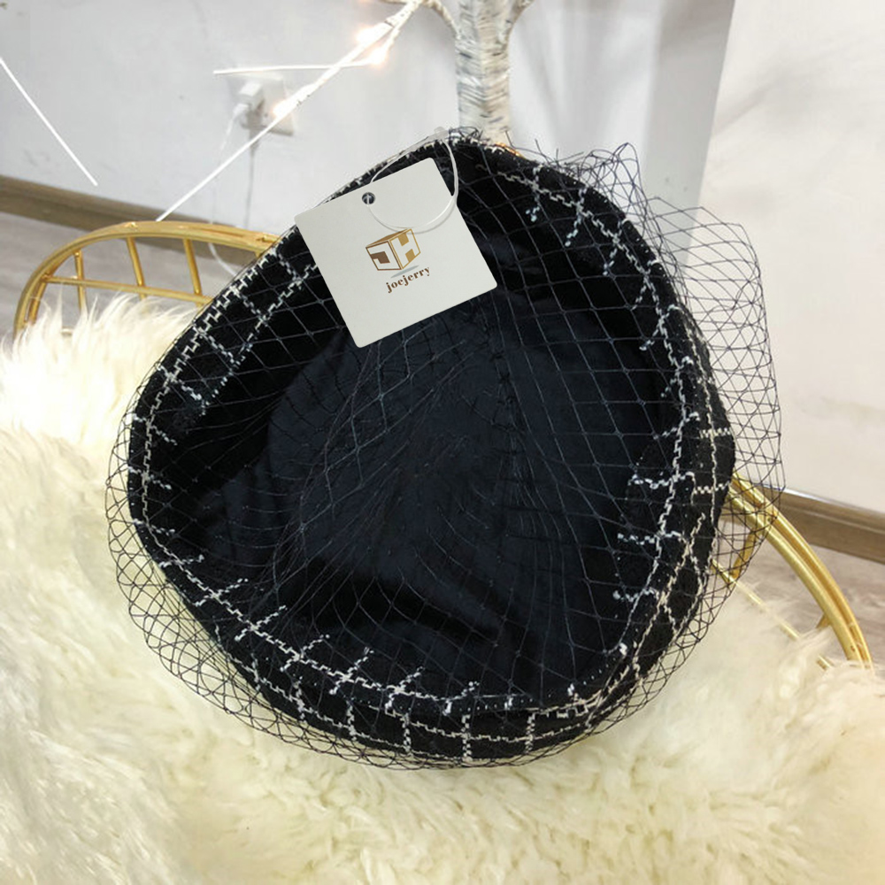 JOEJERRY Wol Baret Vrouwelijke Franse Hoed Tweed Baret Plaid Hoed met Sluier Voor Bruiloft