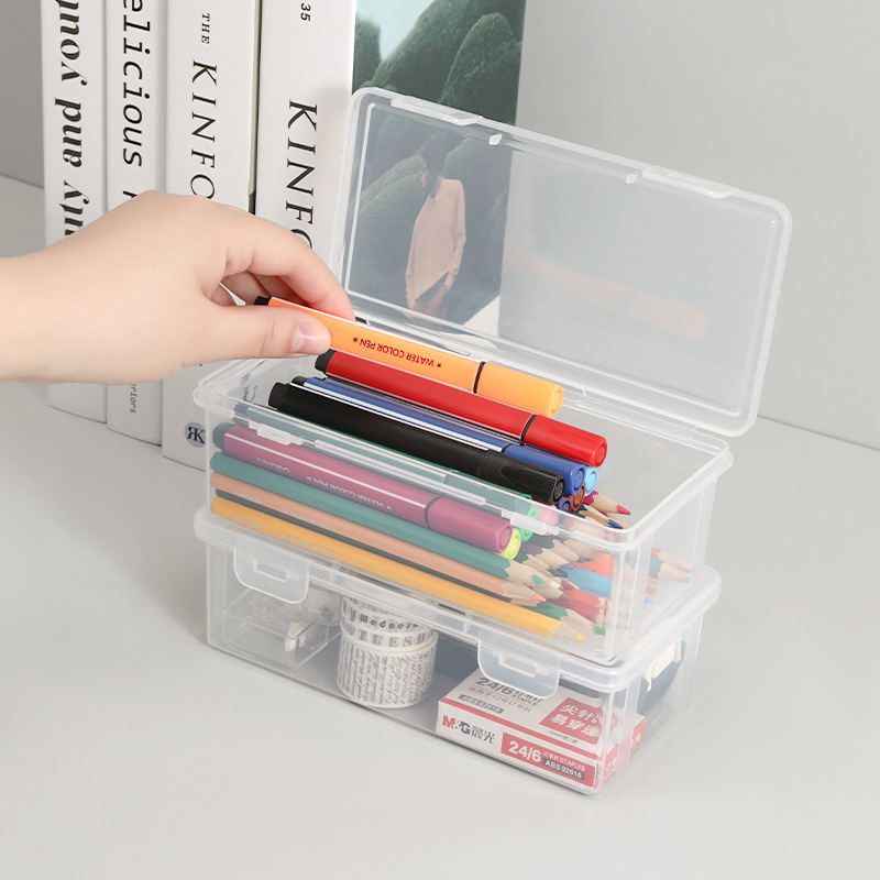 Estuches de organización de lápices, caja de almacenamiento de bolígrafos, organizador de oficina escolar, suministros de papelería simples, caja de plástico transparente para la escuela