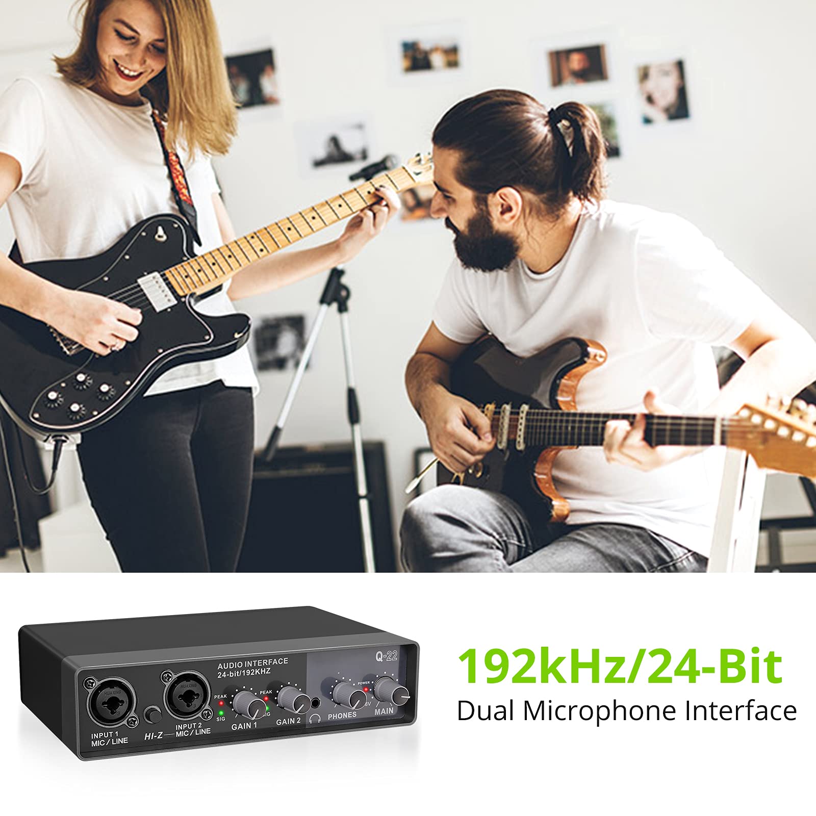 Interfaz de Audio Q-22, tarjeta de sonido con Monitor, mezclador de sonido, guitarra eléctrica para grabación en estudio en vivo, micrófono, alimentación fantasma de 48V