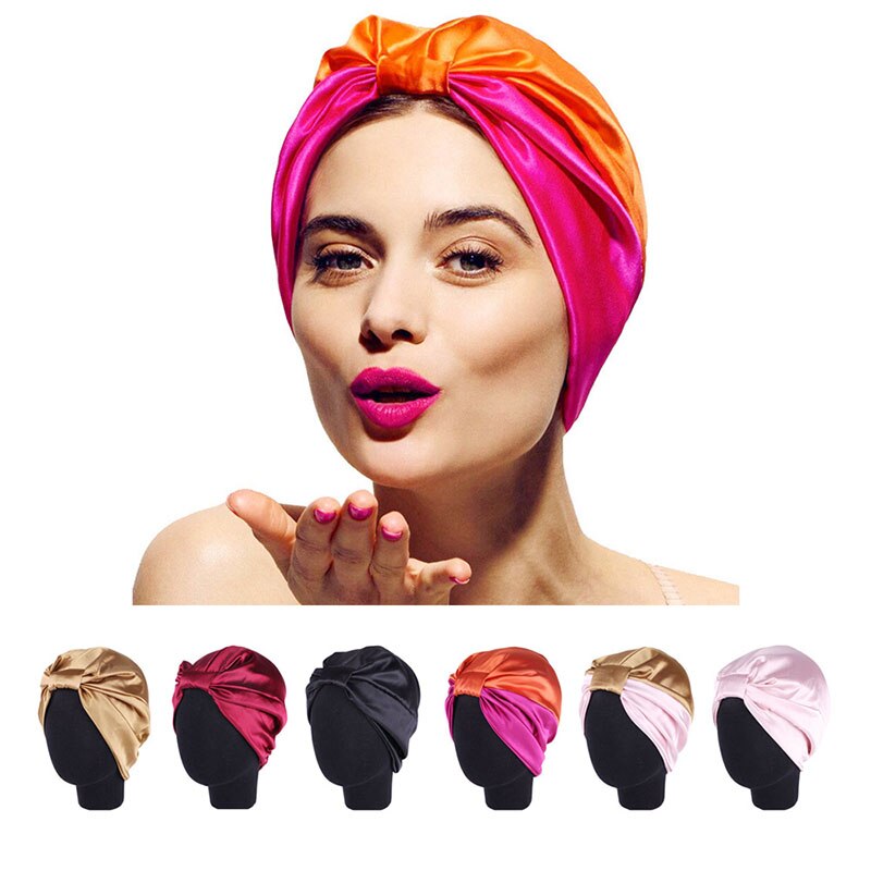 Elastic Double-Layer Stretch Satin Turban Hat Satin Bonnet Salon Bonnet Night Hair Hat For Women Natural Curly Hair Wrap Hat