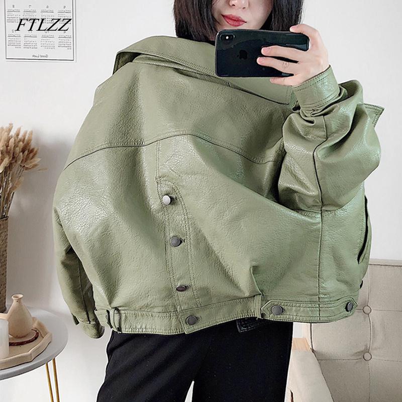 FTLZZ automne femmes veste en Faux cuir Vintage petit ami Style manteau manches chauve-souris moteur court PU vestes tenue pour cycliste: Green / L