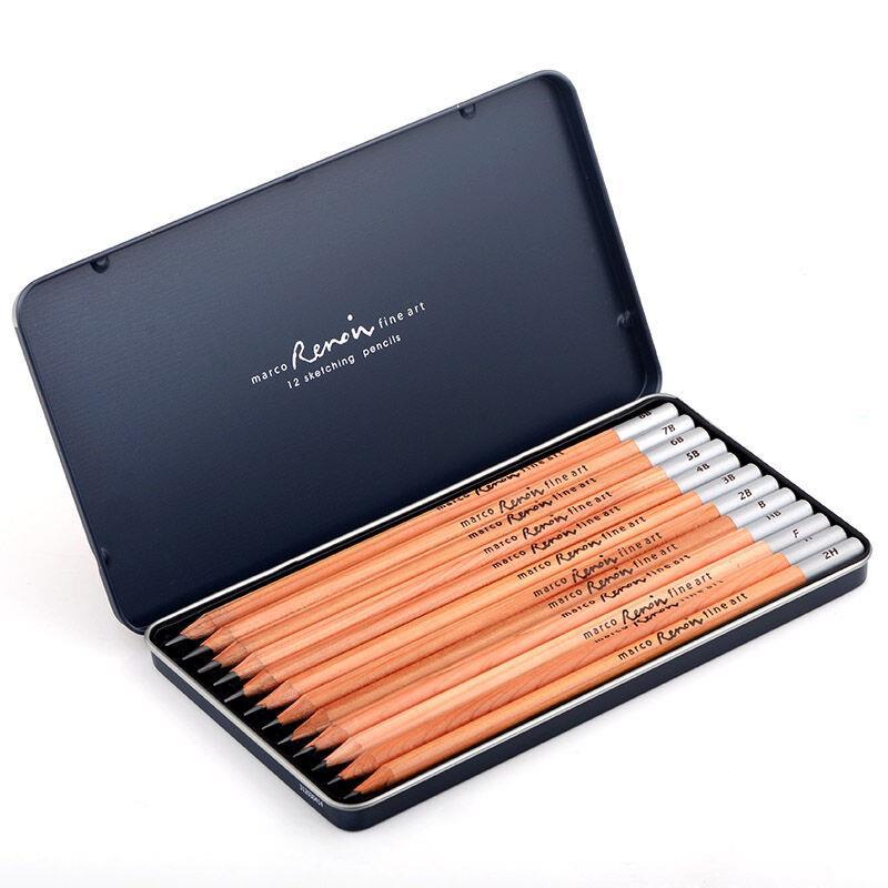 12pcs Marco Raffine Standard Pencils Sketching Pencil Tin Box Graphite Core Wooden Pencil Art Set Student Artist