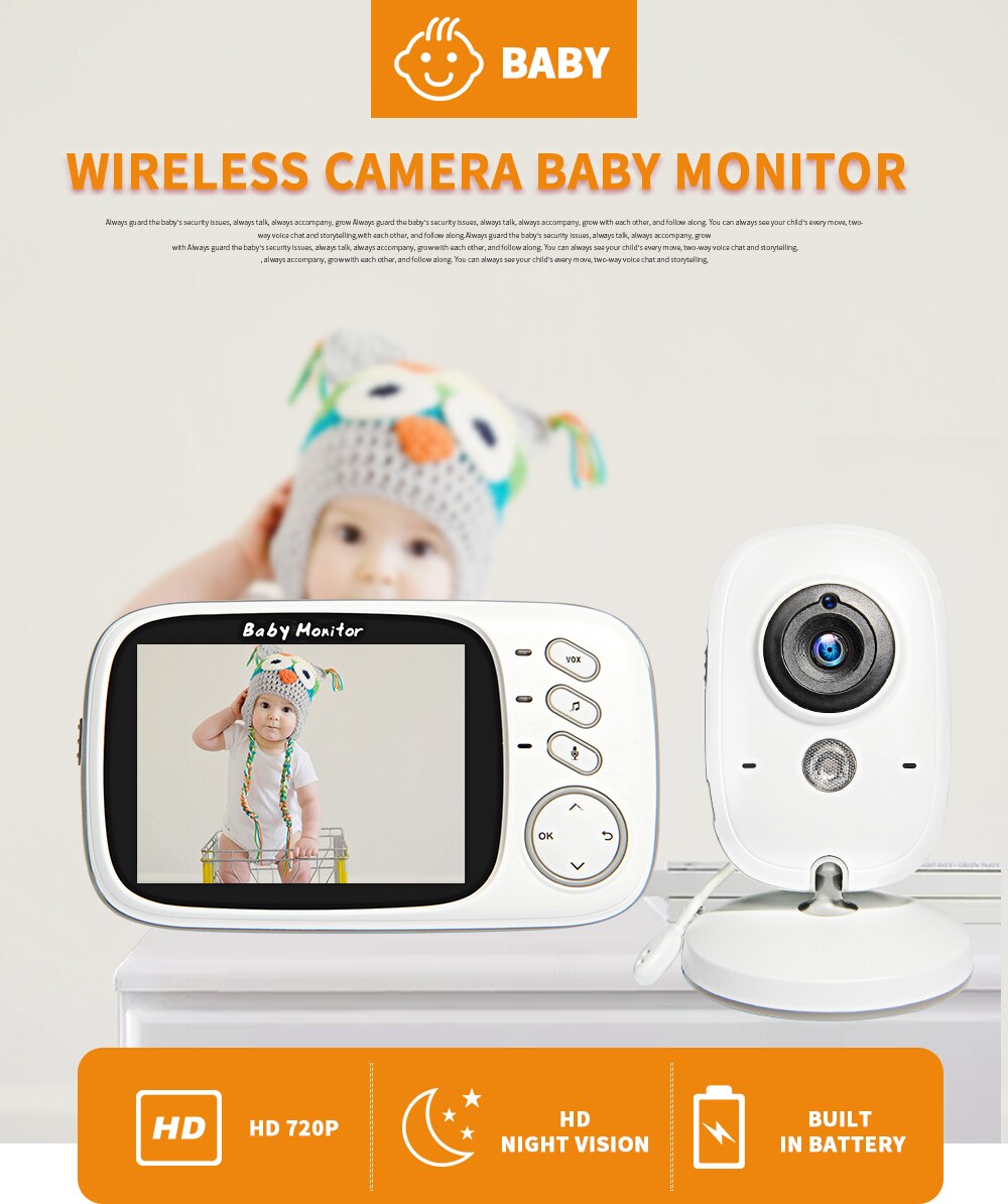 Night Vision Temperature Sleeping Monitor Wireless Video Color Baby Monitor 3.2 inch High Resolution Baby Nanny Security Camera