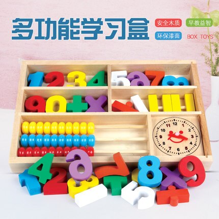 Juego de abacus de caja de herramientas de aprendizaje para enseñanza de matemáticas de niños multifuncionales de madera maciza