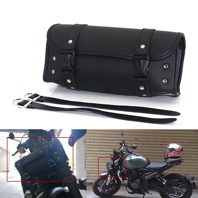 Motorcycle Fork Bag 5.6L | PU Leather Tool Roll Bag With Skull Badge For Handlebar Or Sissy Bar