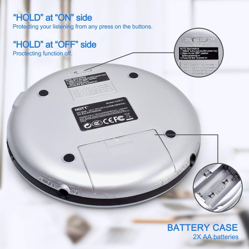 HOTT Portable CD Player With LCD Headphone Jack Anti-Slip Shockproof Protection Compact Music Disc Walkman Player CD 511