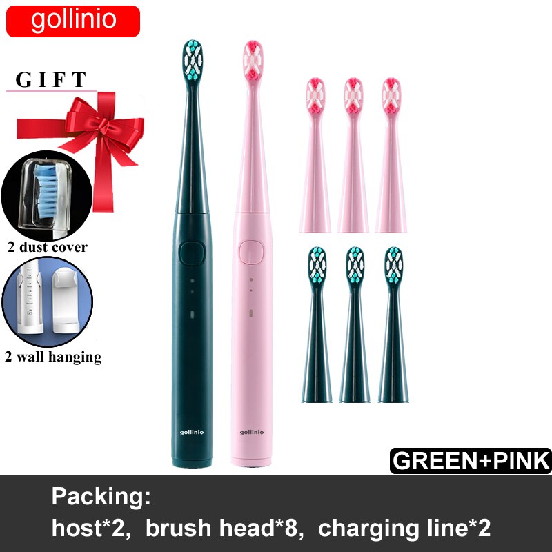gollinio Electric Toothbrush usb fast charging GL56E smart electr toothbrush prodent Rechargeable Replacement Head: GL56GREENPINK8H-H