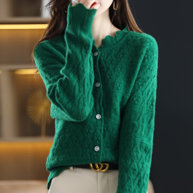 Suéter verde de lana pura para mujer, Rebeca de punto hueco, Top de Cachemira, ropa francesa de , primavera y otoño, novedad