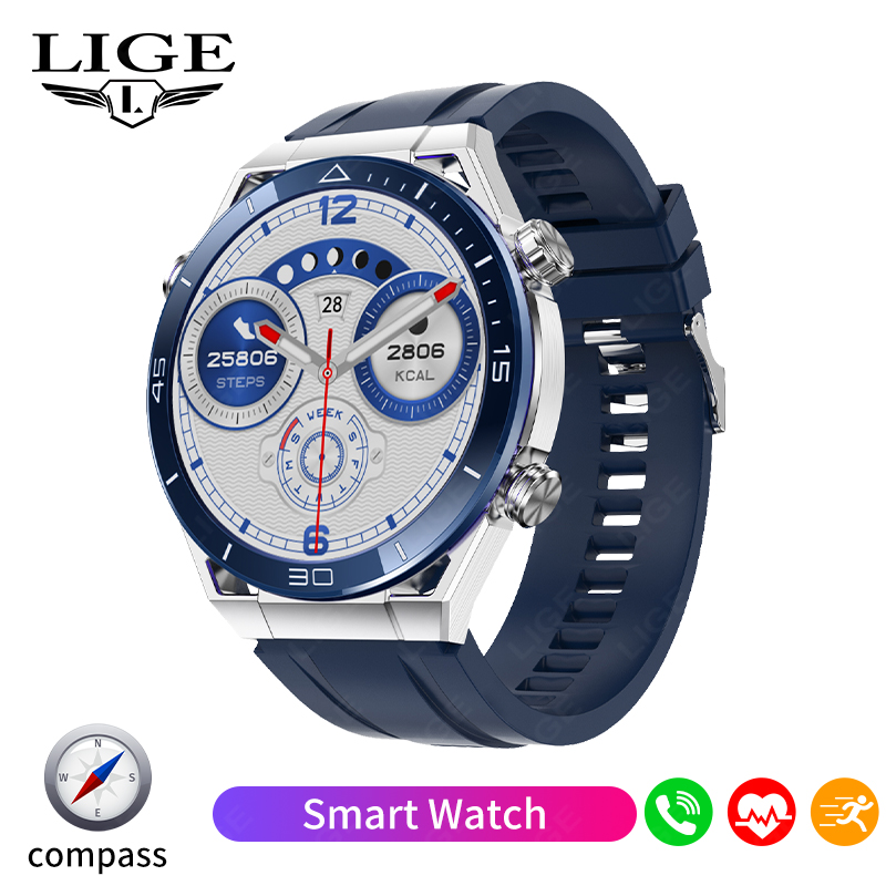 LIGE Nowy sprytny zegarek mężczyźni GPS Bluetooth połączenie sport tryby naganiacz zwierza kompas muzyka niestandardowa bransoletka tarcza biznesowa Smartwatch mężczyźni + skrzynka: Czerwony