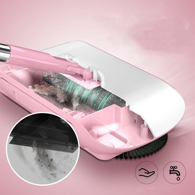 Pink Stainless Steel Hand Push Sweep Mop Machine Push Type Hand Push Magic Broom Dustpan Handle Household Cleaning Package
