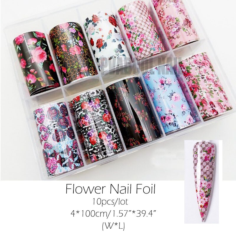 Holografisk blomma nagelfolie blommig folie naglar nail art överföringsfolie omslag akryl naglar 10 rullar/kartong: Typ 3