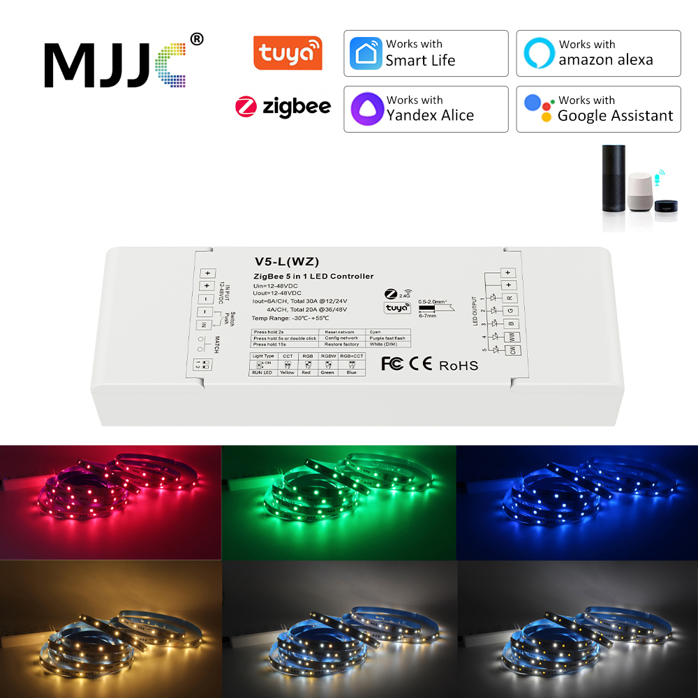 Tuya ZigBee RGBCCT Controller 12V 24V DC 48V 5 in 1 2.4G RF Wireless Gateway Smart Life PWM for RGB RGBW LED Strip Light V5-L WZ