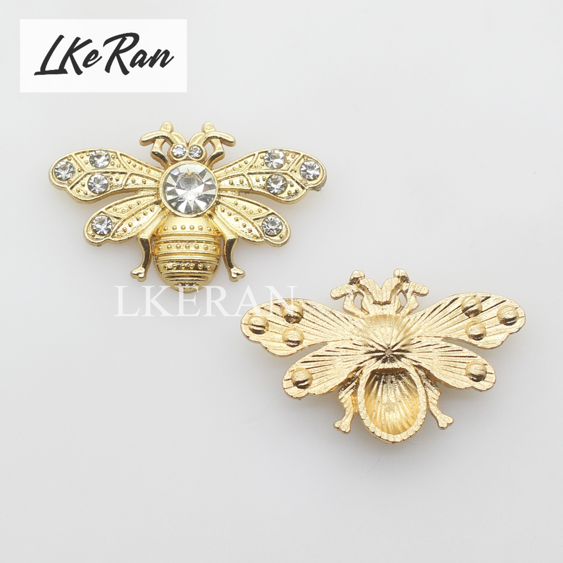 LKERAN-Botones de decoración de diamantes de imitación, accesorio para ropa, corbata, broche, 21x33mm, escarabajo dorado, Diy, 5 unids/lote