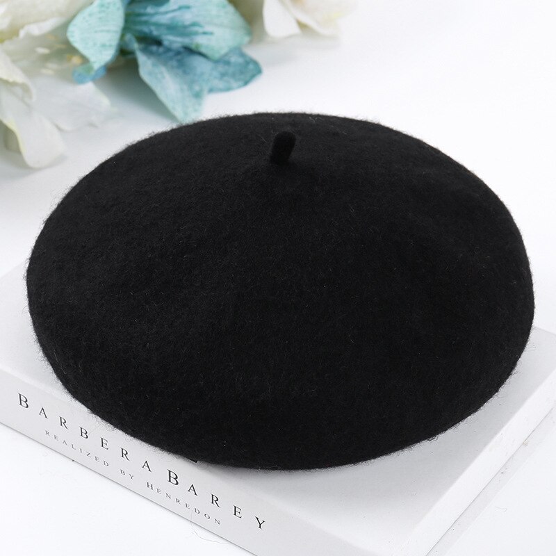 Women Wool Solid Color Beret Female Bonnet Caps Winter All Matched Warm Walking Hat Cap: Black