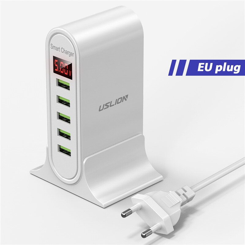 USLION 5 Port USB Ladegerät HUB Multi USB Ladestation Dock Desktop Wand Hause Led-anzeige Universal Neue Ladegeräte EU UNS UK Stecker: EU White