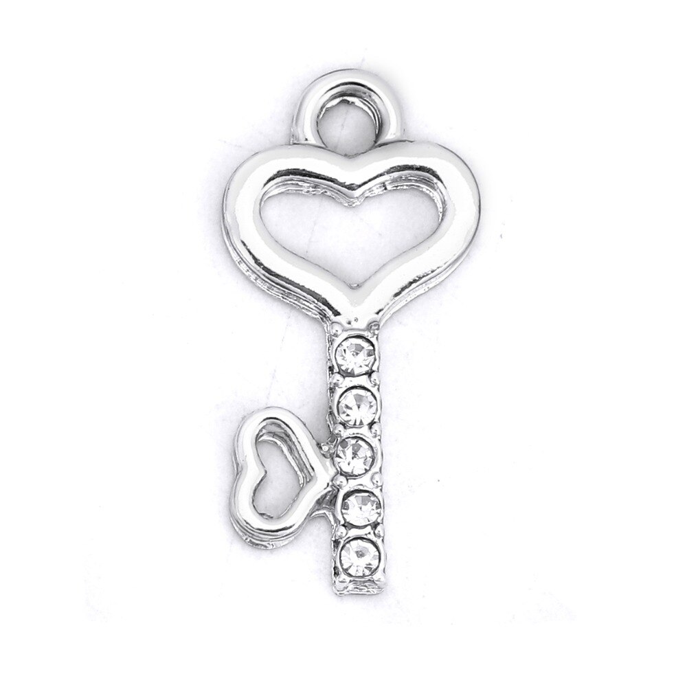 DoreenBeads Zinc Based Alloy Pendant Key Silver Plated Heart Clear Rhinestone DIY Charms 24mm(1") x 12mm( 4/8"), 20 PCs
