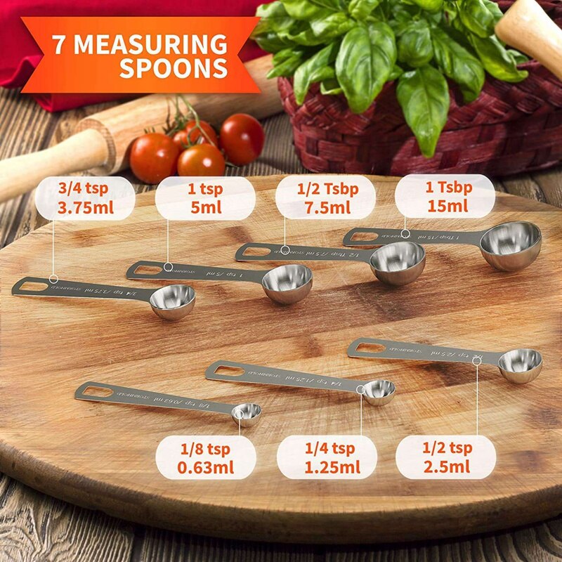 Tasses à mesurer et cuillères inox lot de 14 pièces, 7 tasses gigognes et 7 cuillères empilables Portable