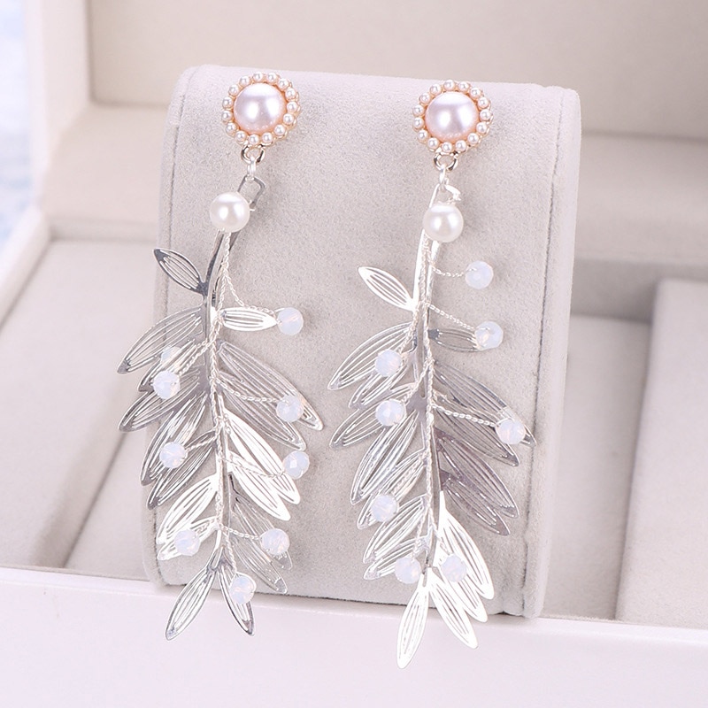 GETNOIVAS Silver Color Leaf Pearl Crystal Tiara Crown Headpiece Earrings Set Women Jewelry Wedding Hair Piece Hair Accessorie SL