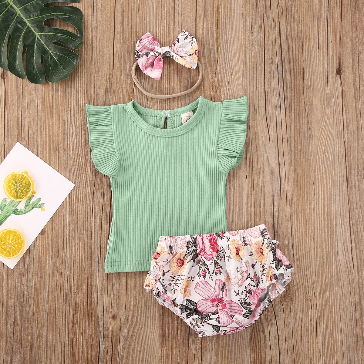 Enfant en bas âge bébé filles vêtements col rond coton à manches courtes T-shirt imprimé fleuri pantalon bandeau 3 pièces ensemble de tenue été