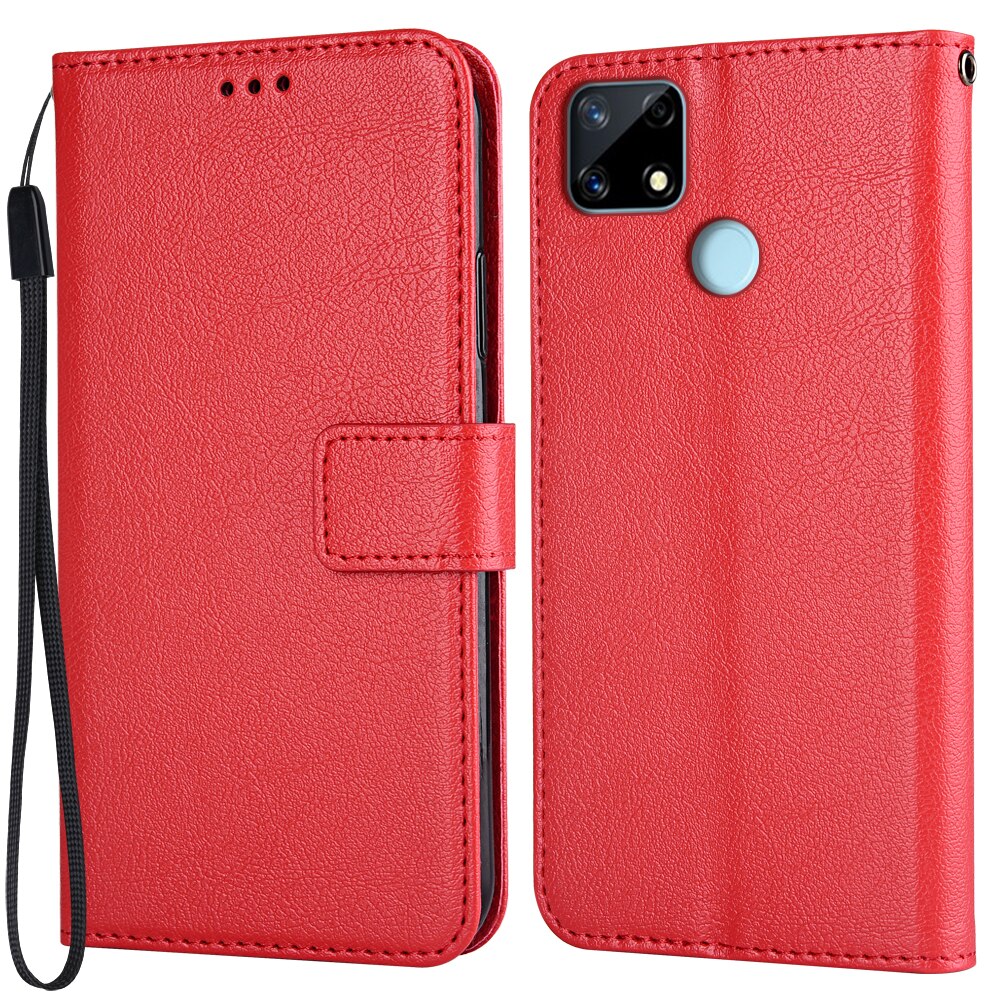 Flip Wallet PU Leather Case For Realme C12 C 12 RMX2189 Funda Stand Business Phone Holster Stripe Protect Cover: K-wallet-Red