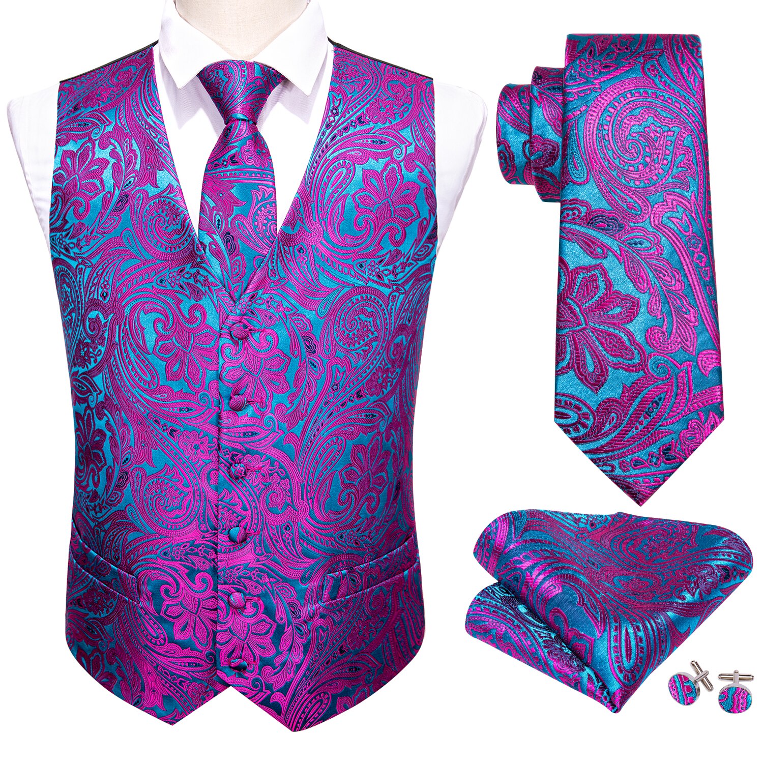 Gilet de costume de mariage pour hommes, Rose rouge, bleu Floral, Jacquard, gilet en soie, mouchoir, cravate, ensemble de costume, de Barry.Wang