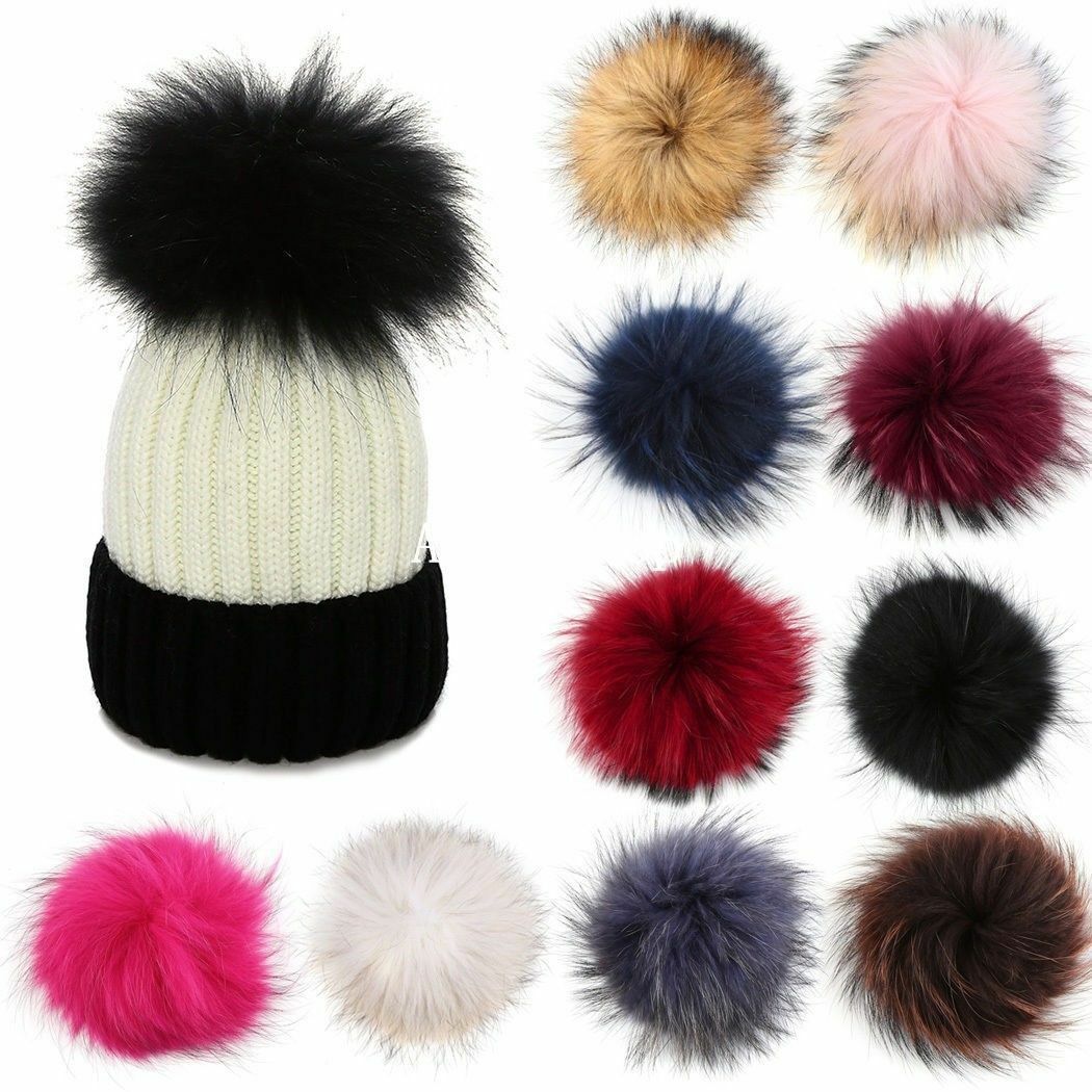 DIY Women Faux Raccoon Fur Pom Poms Ball for Knitting Beanie Hats Accessories Soft Hat Decoration with Buckle Hairball