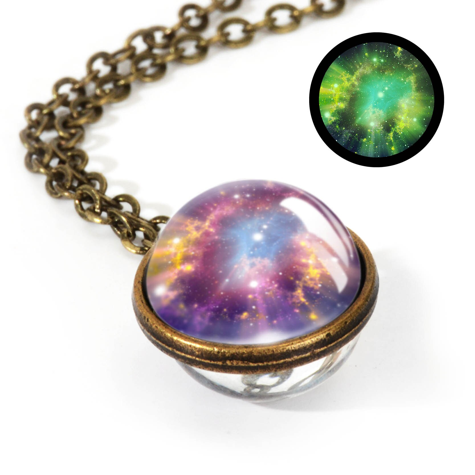 Nebula Galaxy Double Sided Pendant Necklace Universe Planet Jewelry Glass Art Picture Handmade Statement Necklace: LGS0038-Luminous