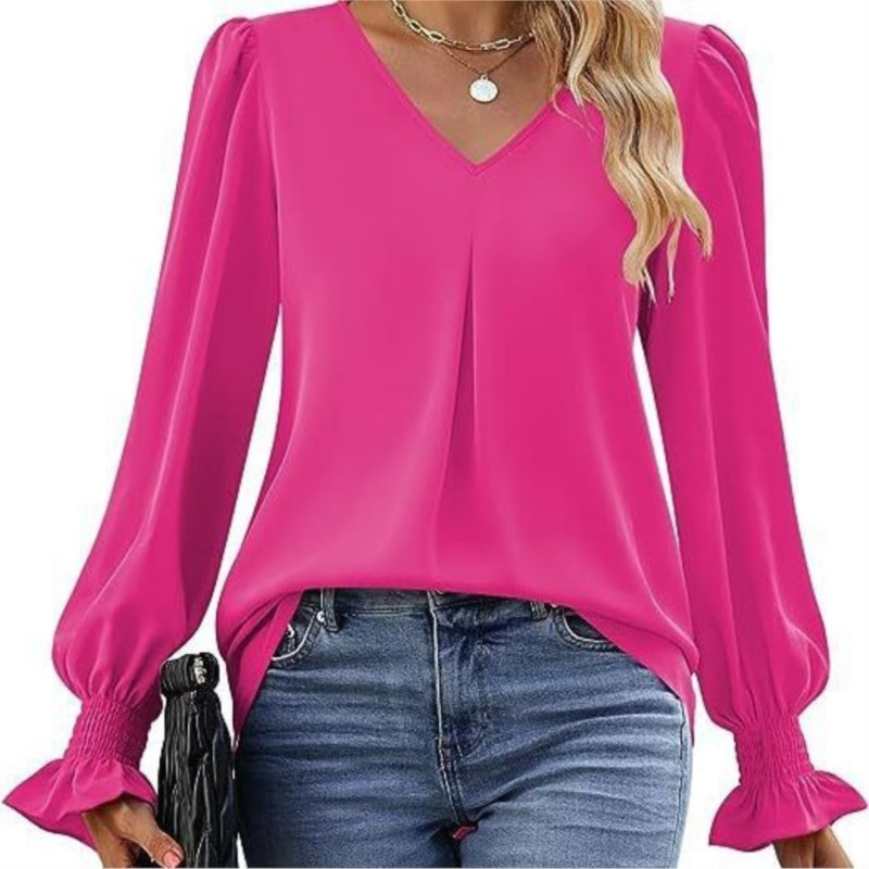 Solid Color Women's Shirt Autumn Item Solid Color Chiffon Shirt V-neck Pullover Trumpet Long Sleeved Top Blouse