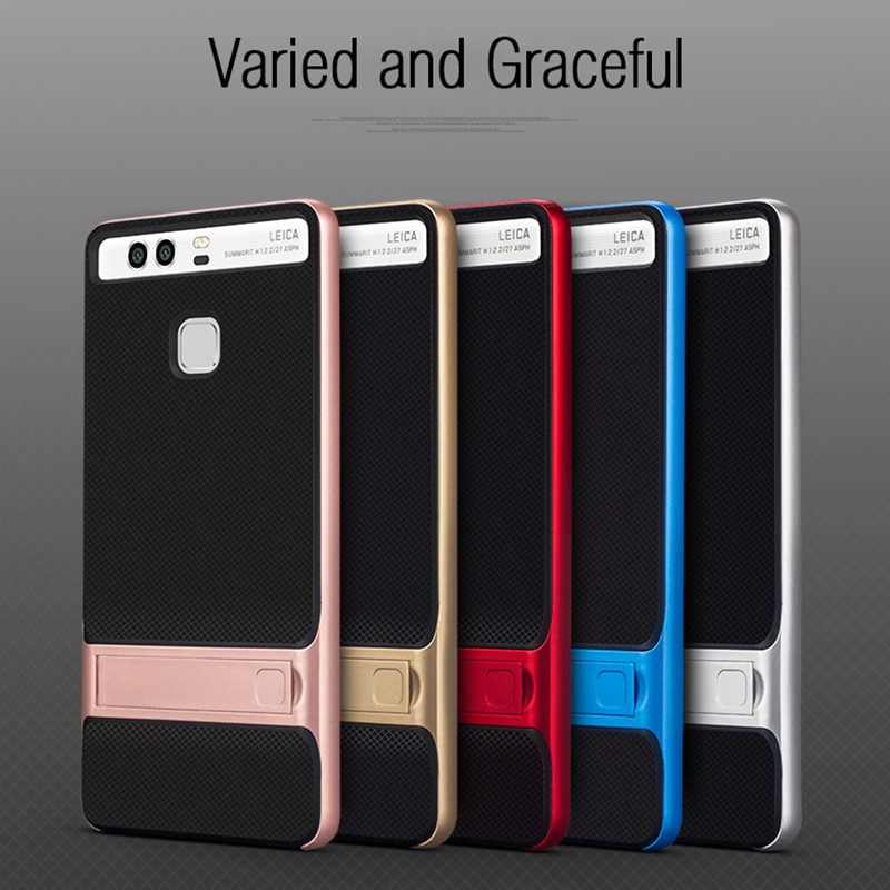 Merke 3d kickstand hybrid deksel for huawei  p9 silikondeksel tpu+pc royce 360 fullt beskyttende bakdeksel huaweip 9 coque rustning