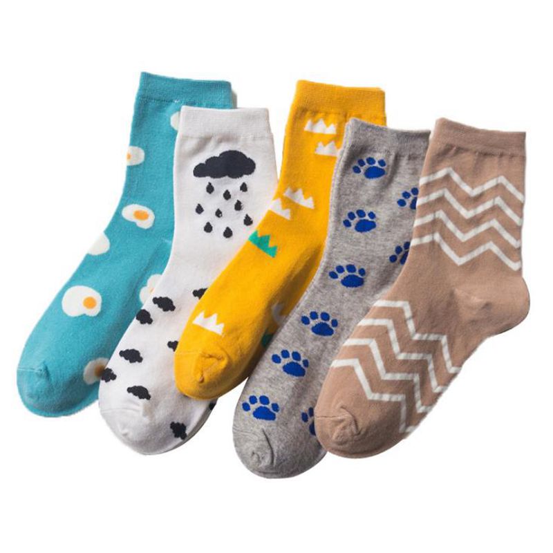 Fiction happy funny woman graphic cotton socks egg cloud rain wave dog foot mountain footprint socks spring casual